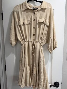 Chic Beige Midi Dress with Button-Down Front